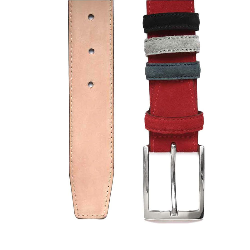 Gürtel aus Veloursleder in Rot mit drei konstrastfarbene Wechselschlaufen von BGENTS Unterseite mit Nubukleder