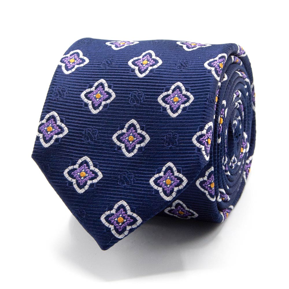 Blaue Seiden-Jacquard Krawatte mit Blüten-Muster┃BGENTS