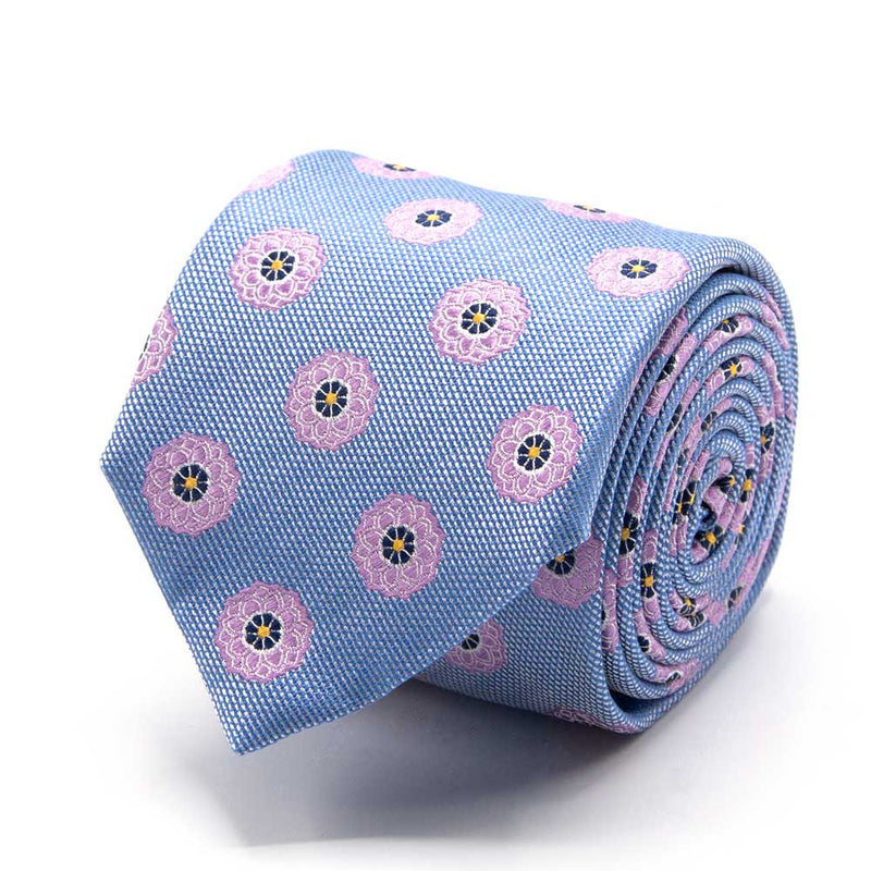 Hellblaue Seiden-Jacquard Krawatte mit rosa Blüten-Muster von BGENTS