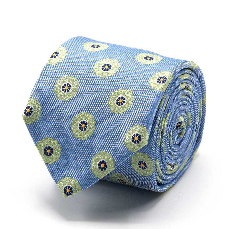 Hellblaue Seiden-Jacquard Krawatte mit mintgrünem Blüten-Muster von BGENTS