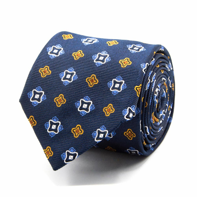 Marineblaue Seiden-Jacquard Krawatte mit geometrischem Muster in Blau und Goldgelb von BGENTS