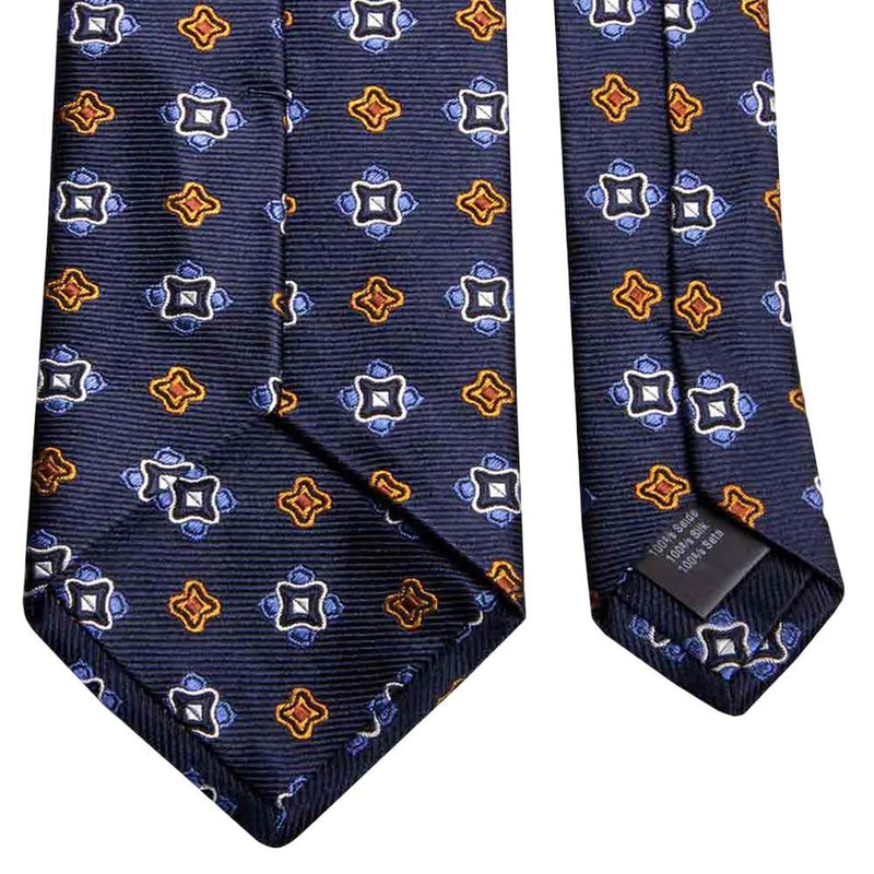 Marineblaue Seiden-Jacquard Krawatte mit geometrischem Muster in Blau und Goldgelb von BGENTS Rückseite