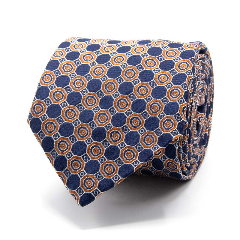 Seiden-Jacquard Krawatte in Blau mit geometrischem Muster in Orange von BGENTS