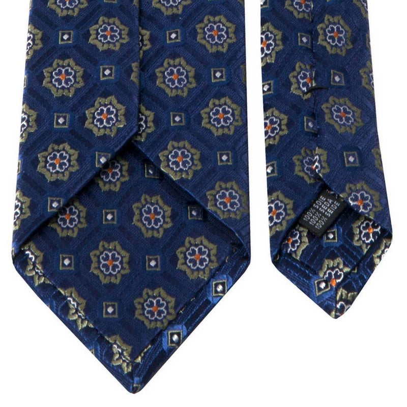 Dunkelblaue Seiden-Jacquard Krawatte mit geometrischem Muster in Olive von BGENTS Rückseite
