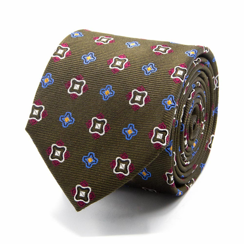 Seiden-Jacquard Krawatte in Olive mit geometrischem Muster in Bordeaux und Blau von BGENTS