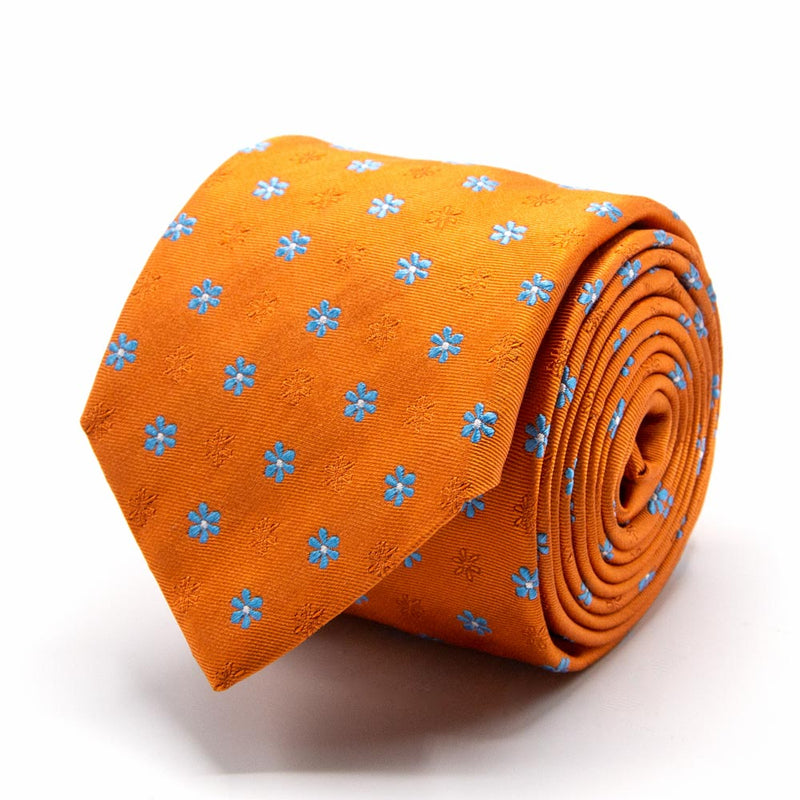 Seiden-Jacquard Krawatte in Orange mit hellblauen Blüten-Muster von BGENTS