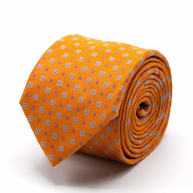 Seiden-Jacquard Krawatte in Orange mit Quadraten und Blüten von BGENTS