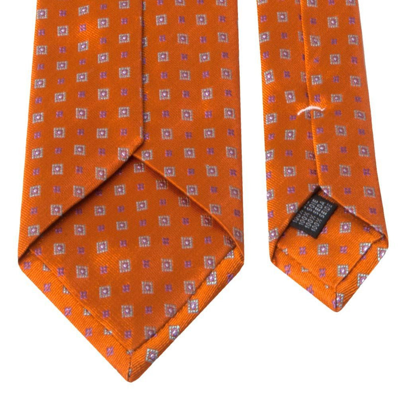 Seiden-Jacquard Krawatte in Orange mit Quadraten und Blüten von BGENTS Rückseite