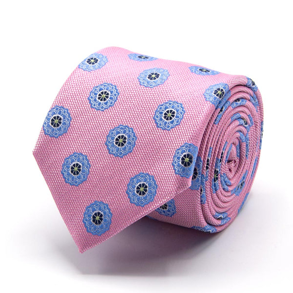 Rosa Seiden-Jacquard Krawatte mit hellblauem Blüten-Muster von BGENTS