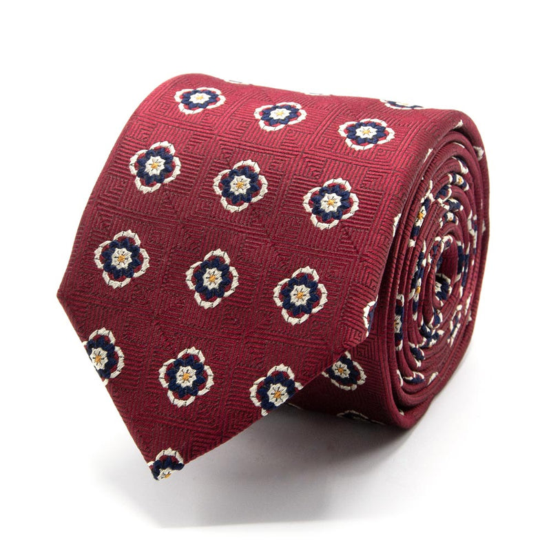 Weinrote Seiden-Jacquard Krawatte mit Blüten-Muster von BGENTS