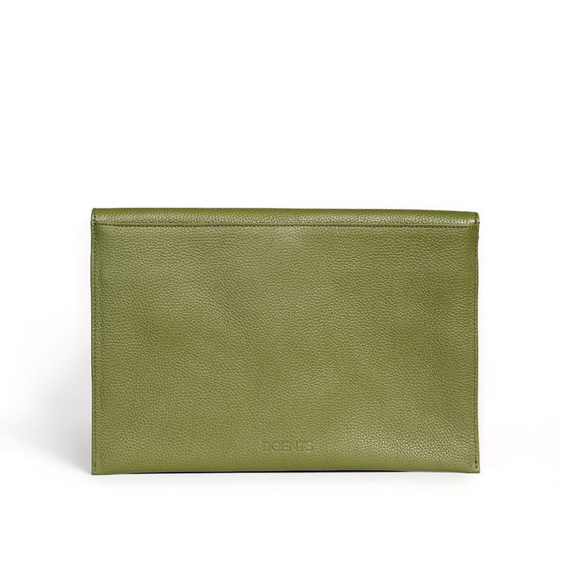 Laptop/Notebook und Tablet Tasche als Couvert aus feinem, genarbtem Leder mit Dokumentenfach hinten in Olive-Grün von BGENTS Rückseite