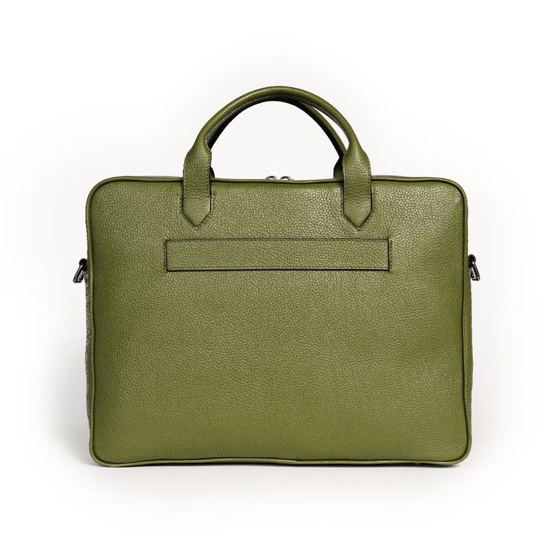 Akten- und Laptoptasche aus genarbtem Leder in Olive-Grün von BGENTS Rückseite