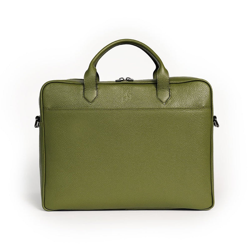 Akten- und Laptoptasche aus genarbtem Leder in Olive-Grün von BGENTS